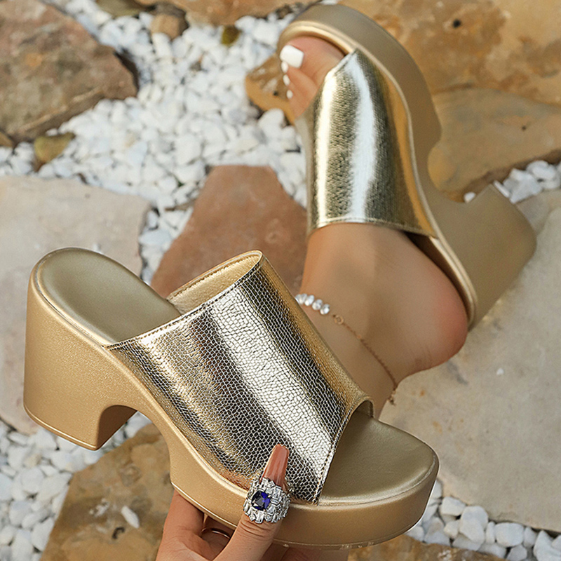 Metallic Heel Sandal - Fashion Gold Silver Chunky Platform Sandals