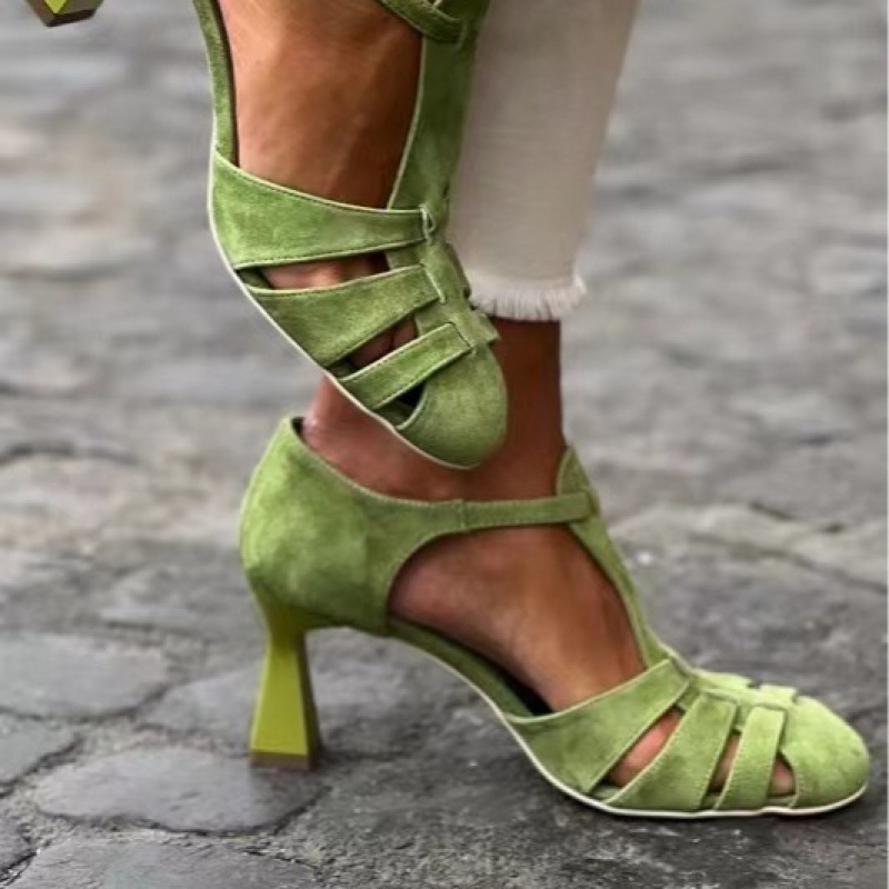 Women Shoes Us To Eu - Women's Green Suede Kitten Heel T-Strap